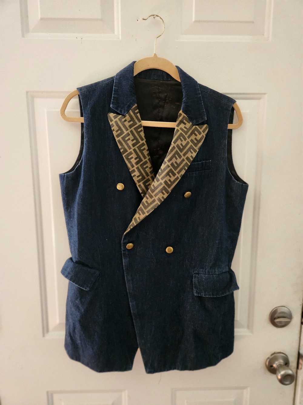 Authentic Fendi 2021 Double-Breasted Denim Blazer with Zucca Monogram Lapels